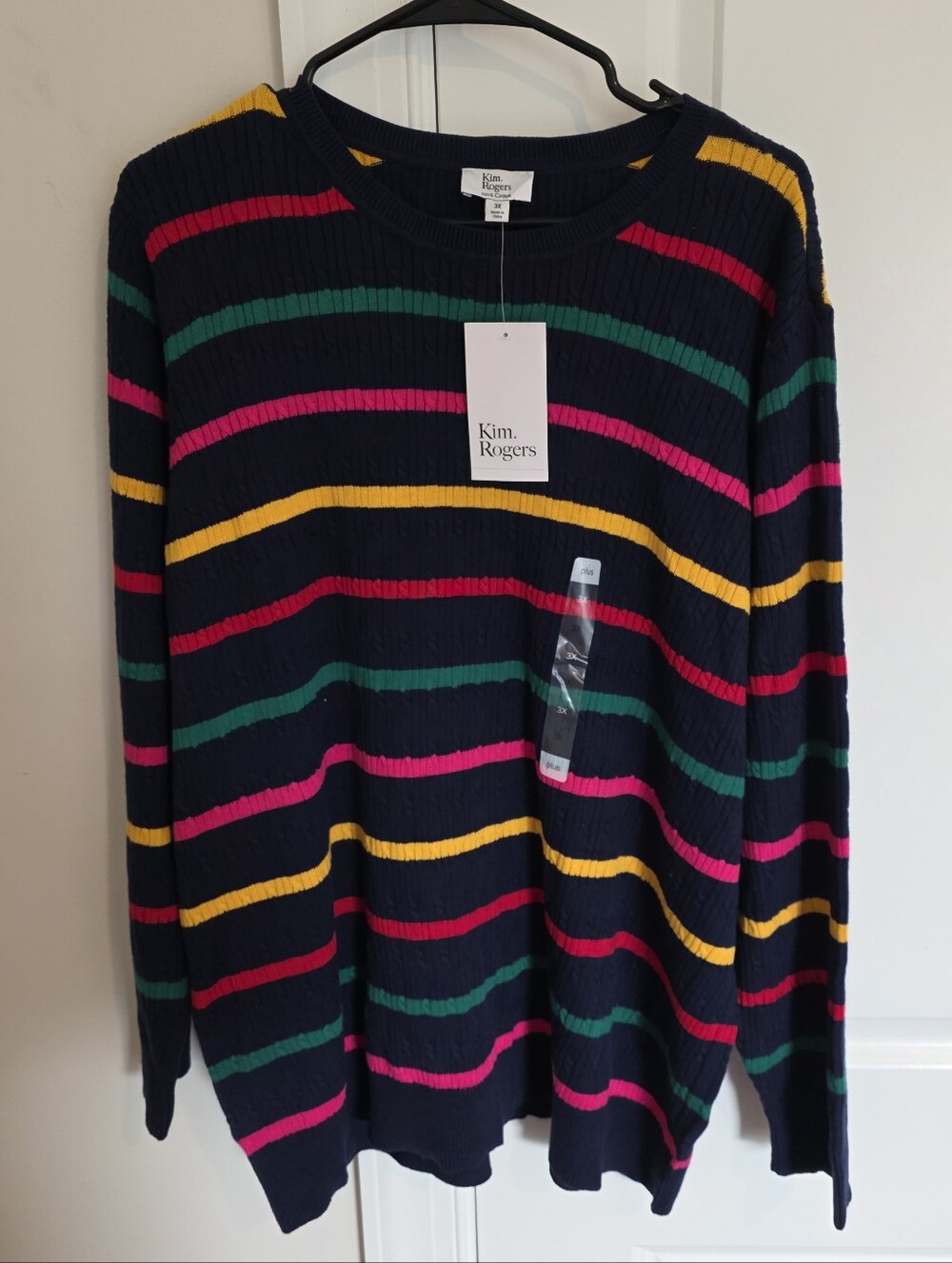 Kim Rogers 100% Cotton Men's Navy Multicolor Stripe Crewneck Sweater. Size 3xl.